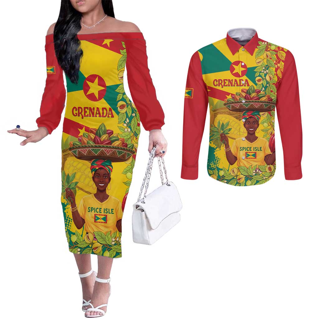 Personalized Grenada Spicemas 2025 Couples Matching Off The Shoulder Long Sleeve Dress and Long Sleeve Button Shirt Spice Isle Nutmeg Cocoa Pod - Wonder Print Shop