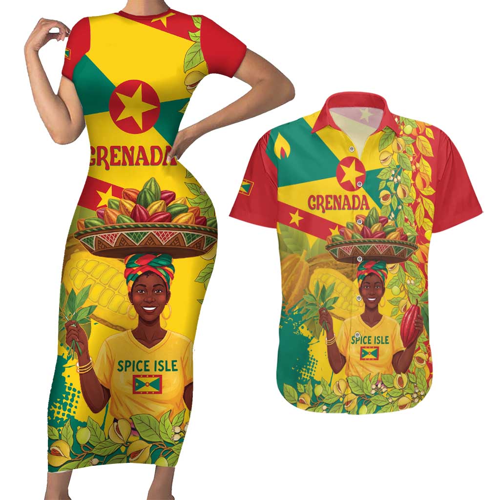 Personalized Grenada Spicemas 2025 Couples Matching Short Sleeve Bodycon Dress and Hawaiian Shirt Spice Isle Nutmeg Cocoa Pod - Wonder Print Shop