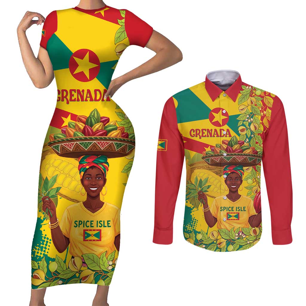 Personalized Grenada Spicemas 2025 Couples Matching Short Sleeve Bodycon Dress and Long Sleeve Button Shirt Spice Isle Nutmeg Cocoa Pod - Wonder Print Shop