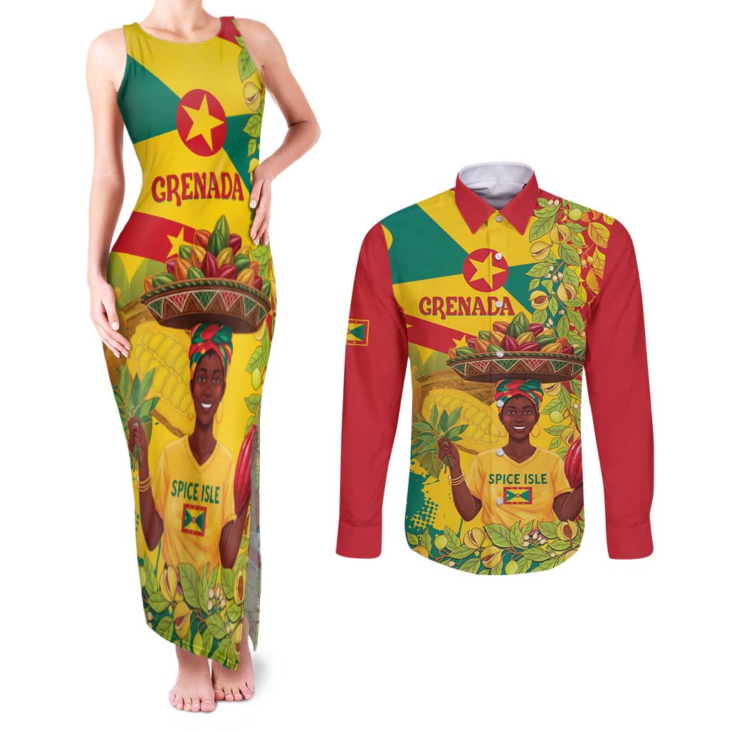 Personalized Grenada Spicemas 2025 Couples Matching Tank Maxi Dress and Long Sleeve Button Shirt Spice Isle Nutmeg Cocoa Pod - Wonder Print Shop