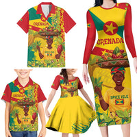 Personalized Grenada Spicemas 2025 Family Matching Long Sleeve Bodycon Dress and Hawaiian Shirt Spice Isle Nutmeg Cocoa Pod - Wonder Print Shop