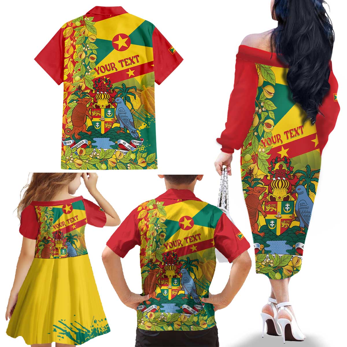Personalized Grenada Spicemas 2025 Family Matching Off The Shoulder Long Sleeve Dress and Hawaiian Shirt Spice Isle Nutmeg Cocoa Pod - Wonder Print Shop