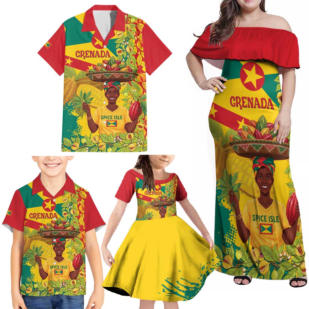Personalized Grenada Spicemas 2025 Family Matching Off Shoulder Maxi Dress and Hawaiian Shirt Spice Isle Nutmeg Cocoa Pod - Wonder Print Shop