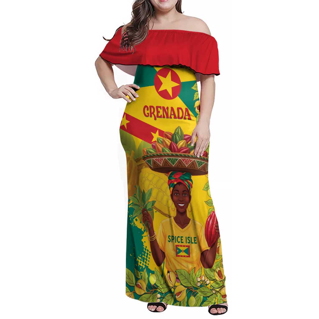 Personalized Grenada Spicemas 2025 Family Matching Off Shoulder Maxi Dress and Hawaiian Shirt Spice Isle Nutmeg Cocoa Pod - Wonder Print Shop