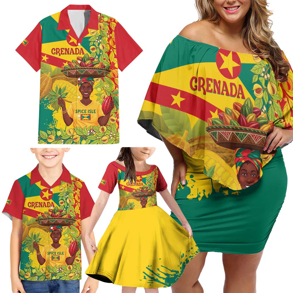 Personalized Grenada Spicemas 2025 Family Matching Off Shoulder Short Dress and Hawaiian Shirt Spice Isle Nutmeg Cocoa Pod - Wonder Print Shop