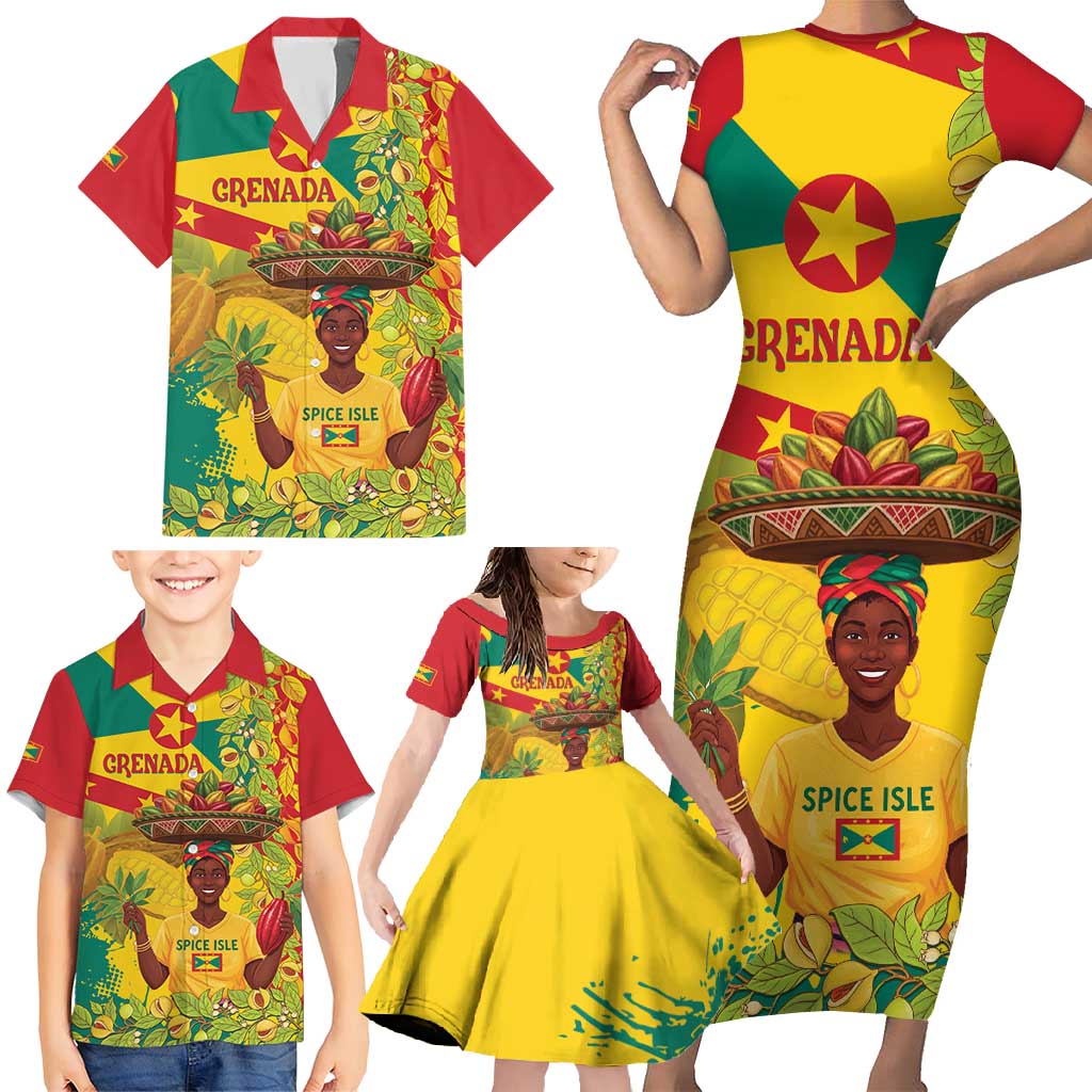 Personalized Grenada Spicemas 2025 Family Matching Short Sleeve Bodycon Dress and Hawaiian Shirt Spice Isle Nutmeg Cocoa Pod - Wonder Print Shop