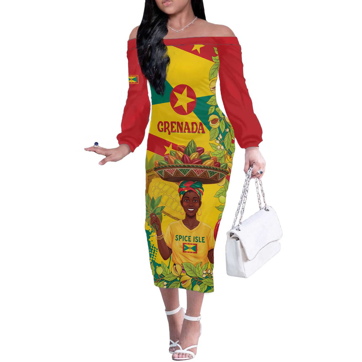 Personalized Grenada Spicemas 2025 Off The Shoulder Long Sleeve Dress Spice Isle Nutmeg Cocoa Pod - Wonder Print Shop