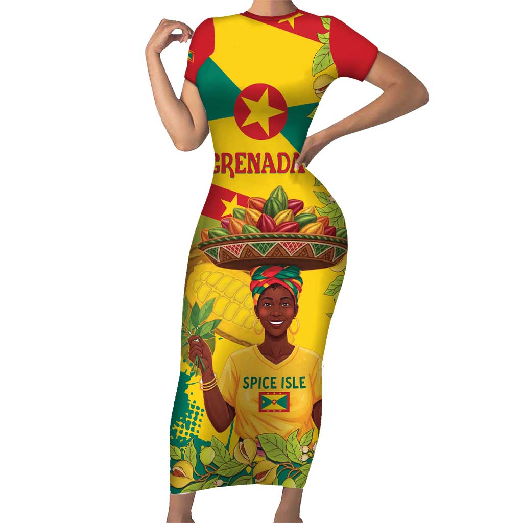 Personalized Grenada Spicemas 2025 Short Sleeve Bodycon Dress Spice Isle Nutmeg Cocoa Pod - Wonder Print Shop