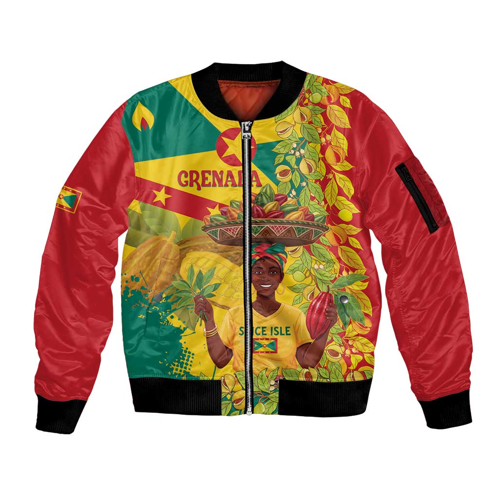 Personalized Grenada Spicemas 2025 Sleeve Zip Bomber Jacket Spice Isle Nutmeg Cocoa Pod - Wonder Print Shop