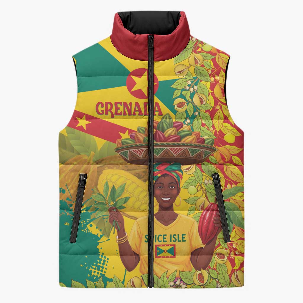 Personalized Grenada Spicemas 2025 Sleeveless Puffer Jacket Spice Isle Nutmeg Cocoa Pod - Wonder Print Shop