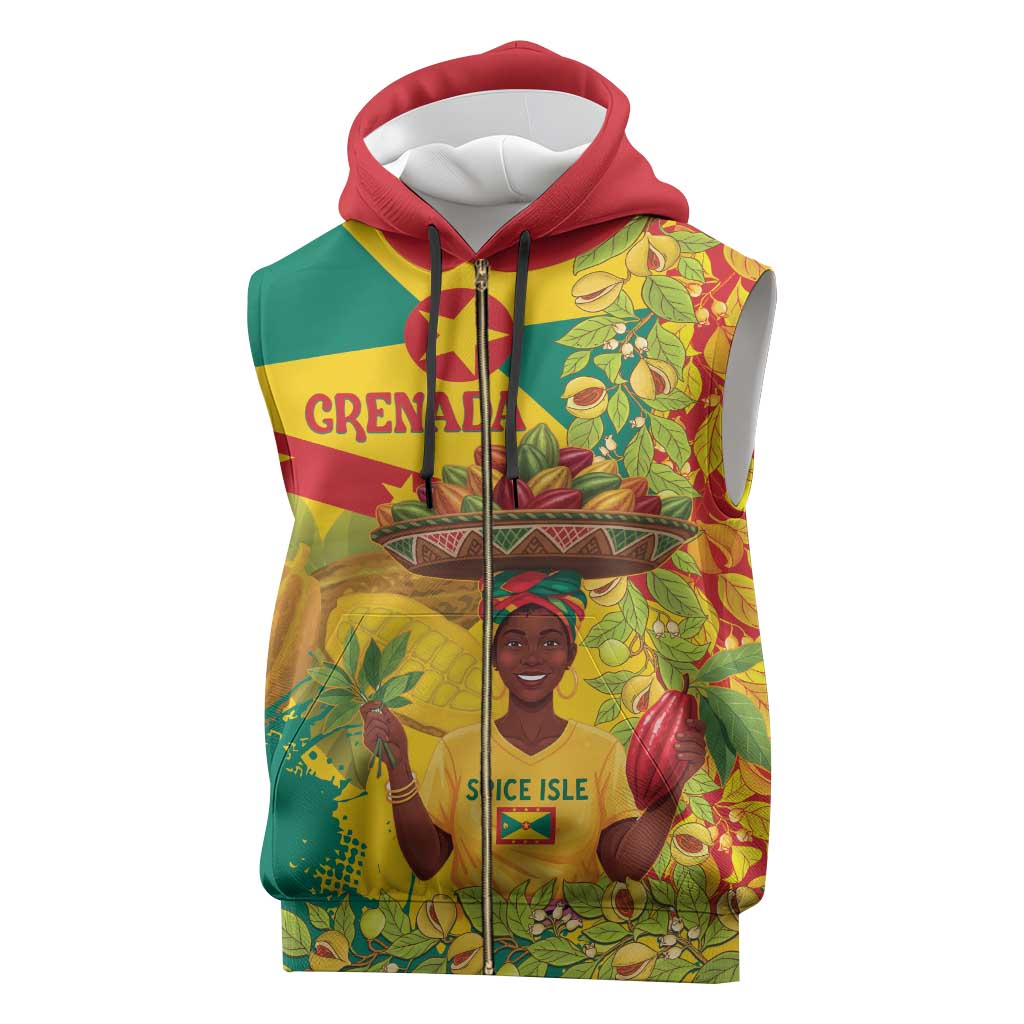 Personalized Grenada Spicemas 2025 Sleeveless Zip Hoodie Spice Isle Nutmeg Cocoa Pod - Wonder Print Shop