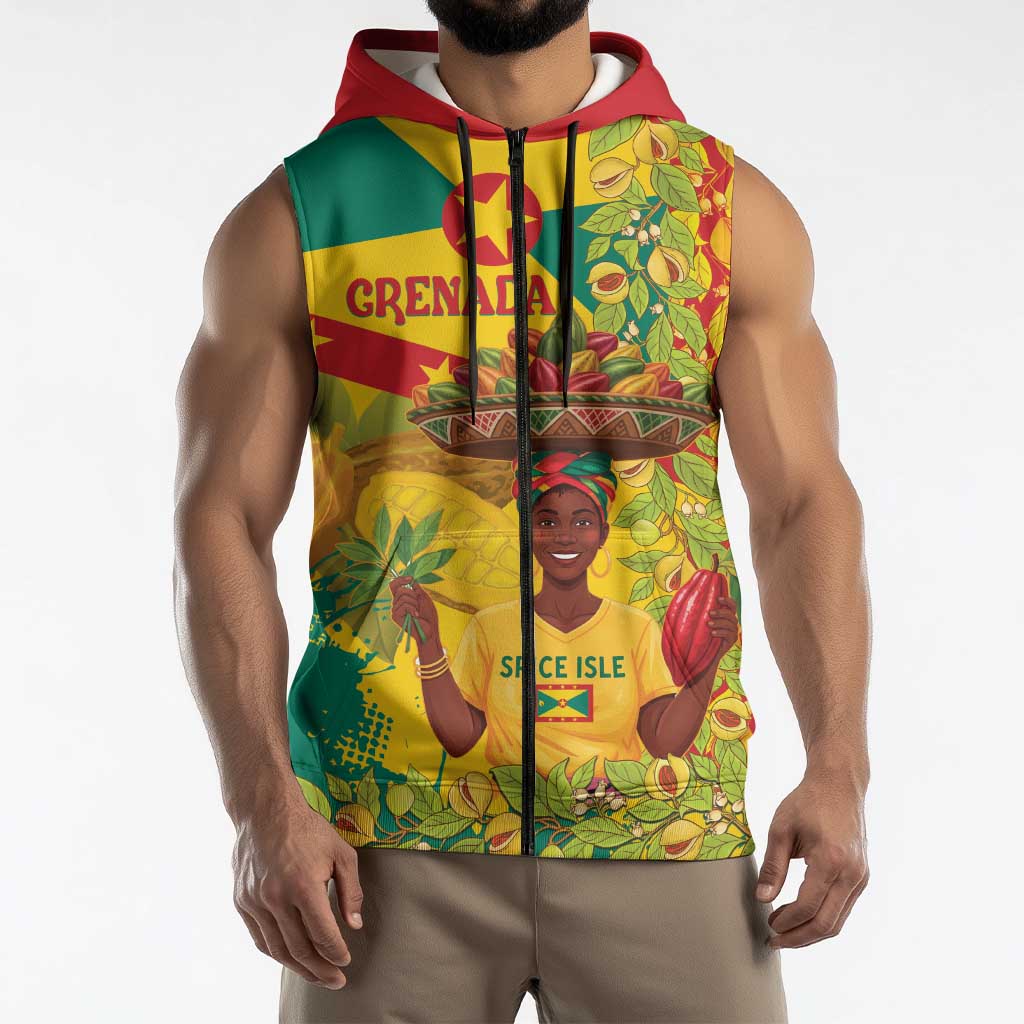 Personalized Grenada Spicemas 2025 Sleeveless Zip Hoodie Spice Isle Nutmeg Cocoa Pod - Wonder Print Shop