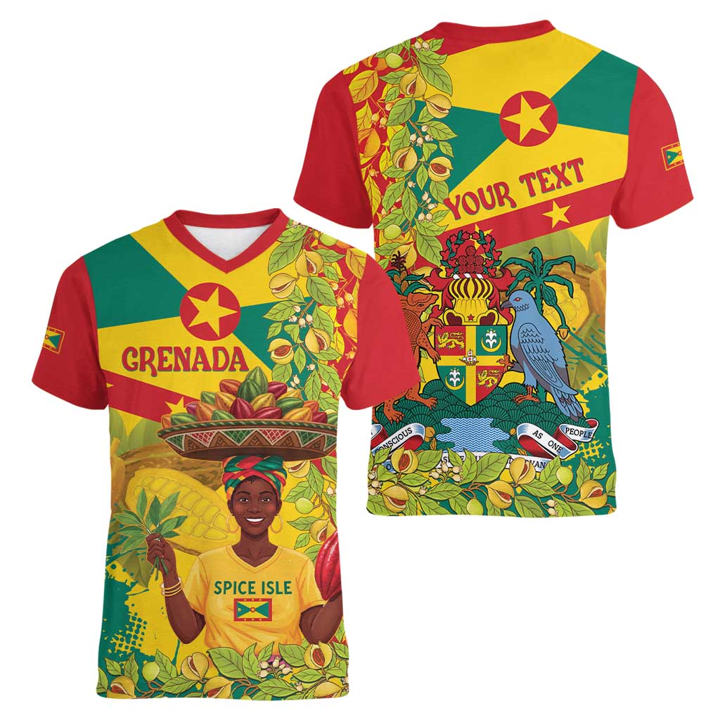 Personalized Grenada Spicemas 2025 Women V-Neck T-Shirt Spice Isle Nutmeg Cocoa Pod - Wonder Print Shop
