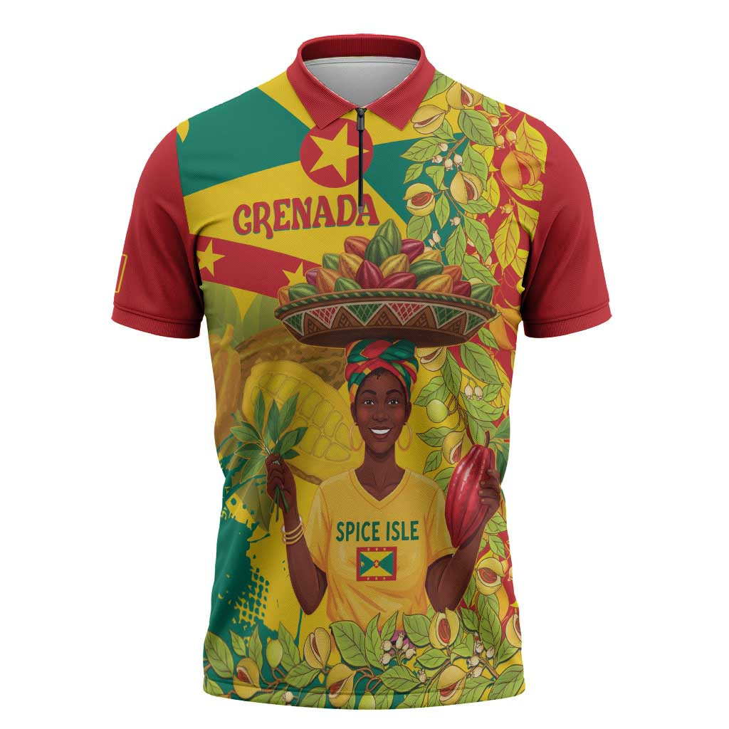 Personalized Grenada Spicemas 2025 Zipper Polo Shirt Spice Isle Nutmeg Cocoa Pod - Wonder Print Shop