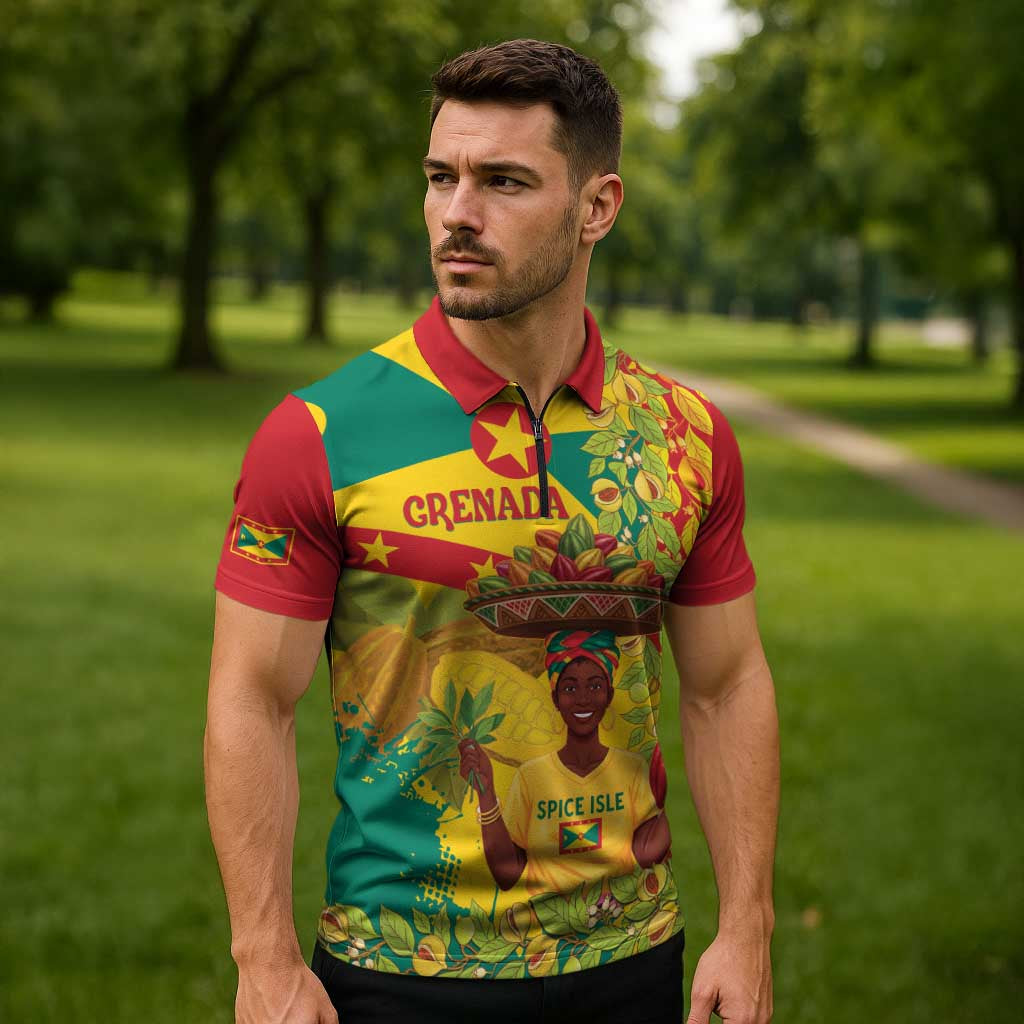 Personalized Grenada Spicemas 2025 Zipper Polo Shirt Spice Isle Nutmeg Cocoa Pod - Wonder Print Shop