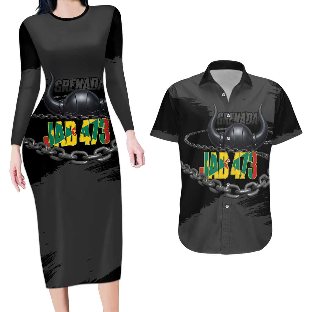 Grenada Jab Jab 473 Couples Matching Long Sleeve Bodycon Dress and Hawaiian Shirt Spicemas Festival Chain Grunge Style - Wonder Print Shop