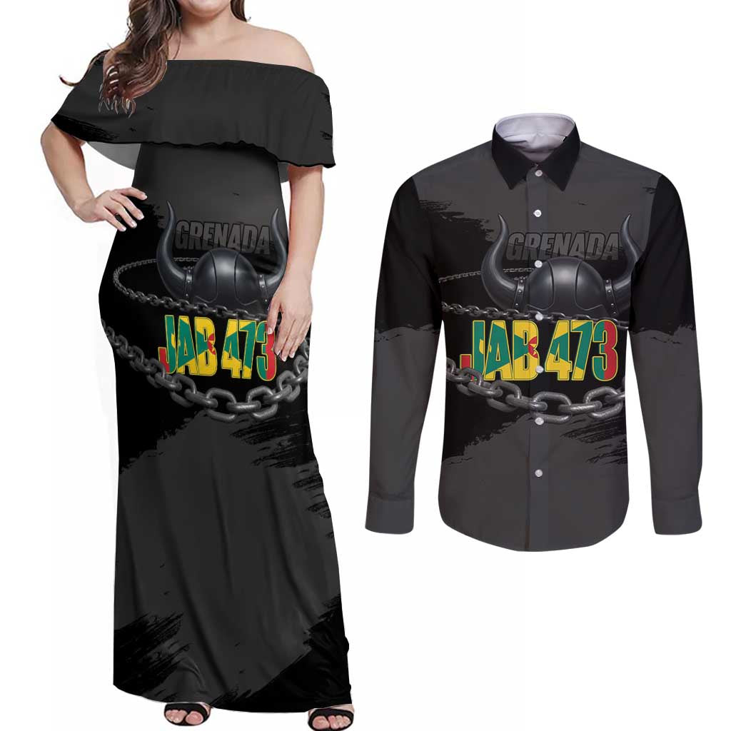Grenada Jab Jab 473 Couples Matching Off Shoulder Maxi Dress and Long Sleeve Button Shirt Spicemas Festival Chain Grunge Style - Wonder Print Shop