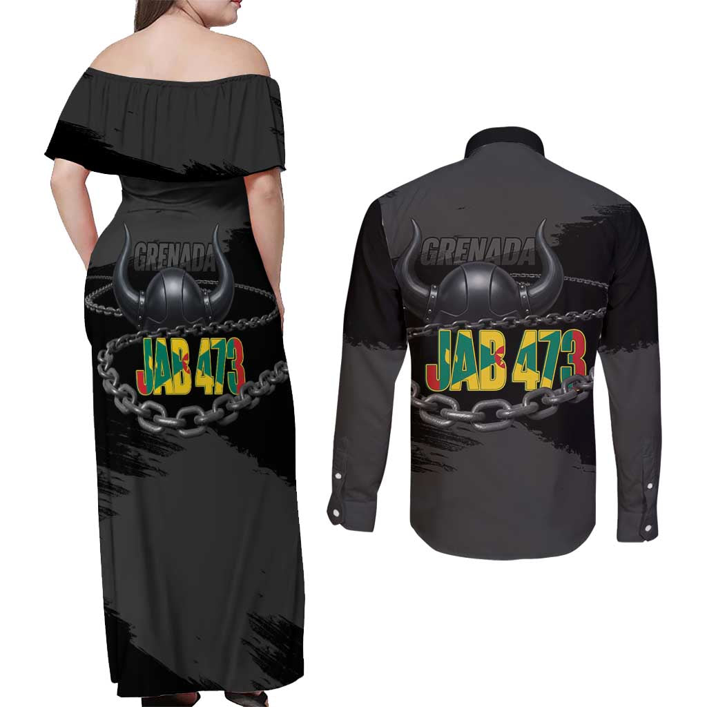 Grenada Jab Jab 473 Couples Matching Off Shoulder Maxi Dress and Long Sleeve Button Shirt Spicemas Festival Chain Grunge Style - Wonder Print Shop