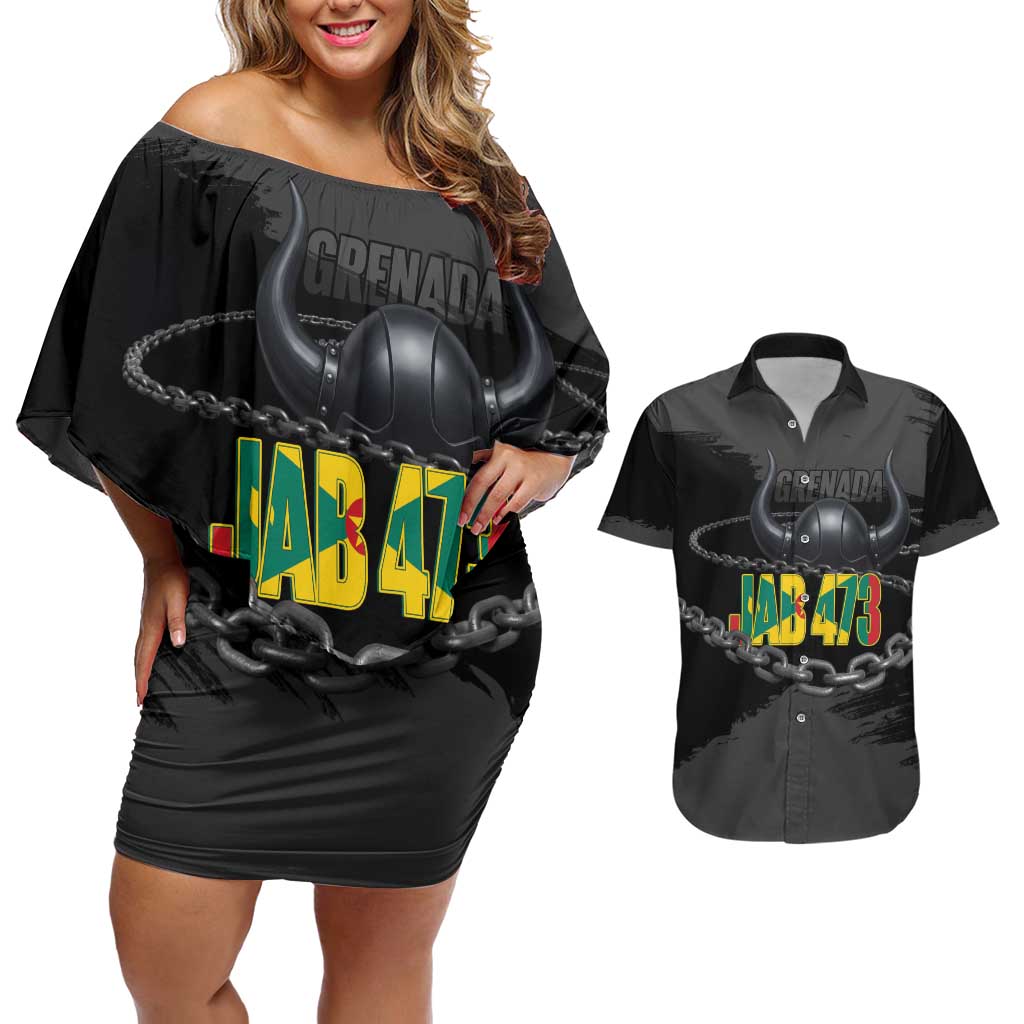 Grenada Jab Jab 473 Couples Matching Off Shoulder Short Dress and Hawaiian Shirt Spicemas Festival Chain Grunge Style - Wonder Print Shop