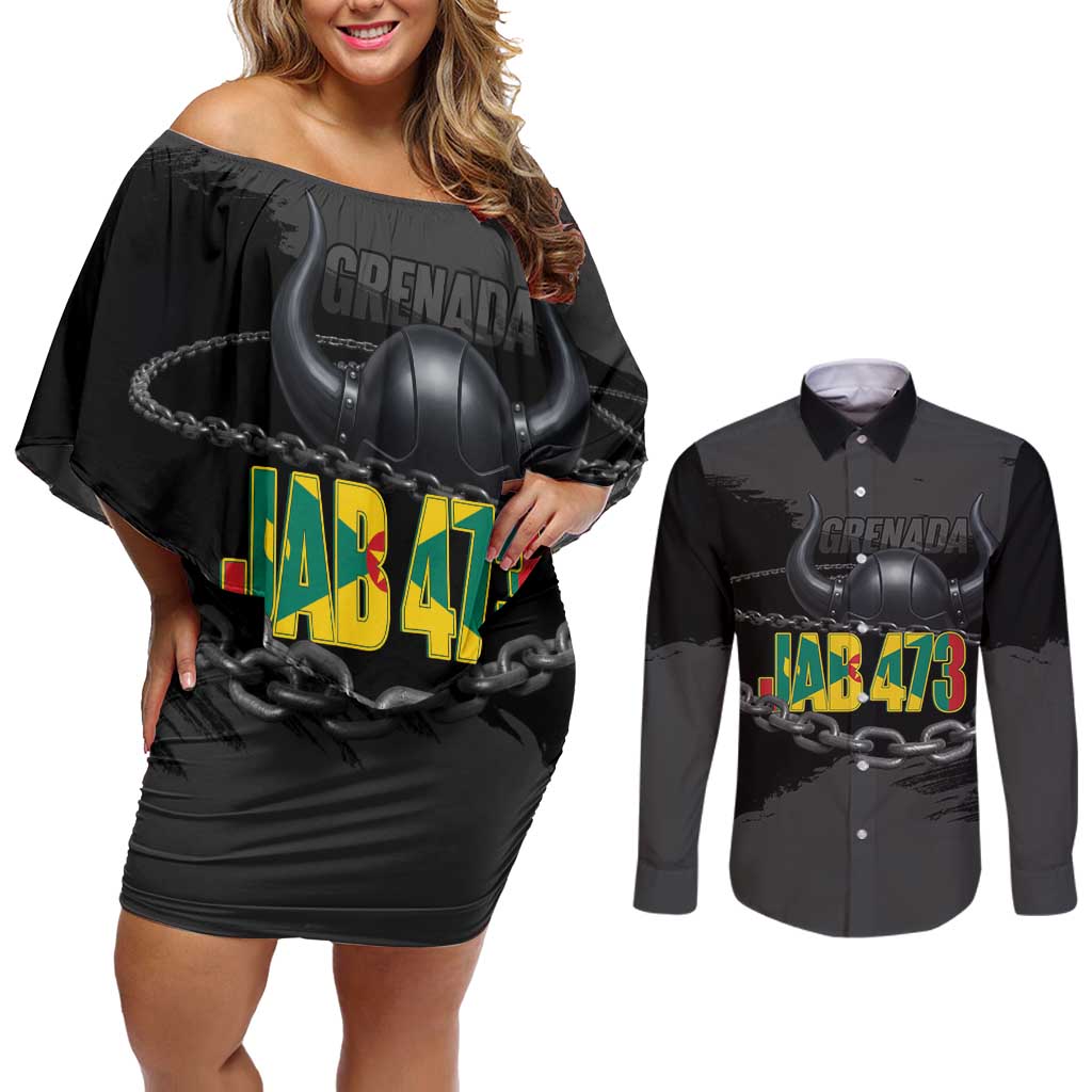 Grenada Jab Jab 473 Couples Matching Off Shoulder Short Dress and Long Sleeve Button Shirt Spicemas Festival Chain Grunge Style - Wonder Print Shop