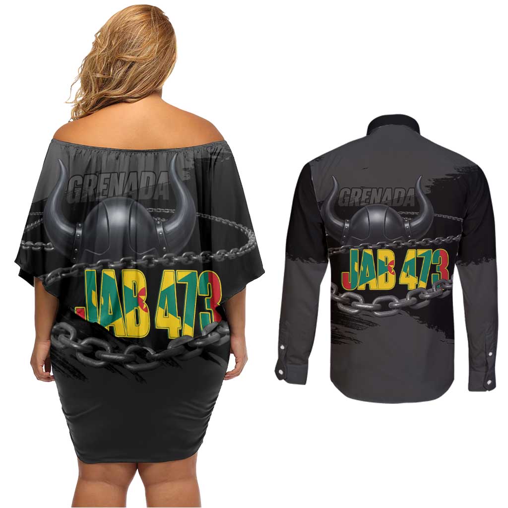 Grenada Jab Jab 473 Couples Matching Off Shoulder Short Dress and Long Sleeve Button Shirt Spicemas Festival Chain Grunge Style - Wonder Print Shop