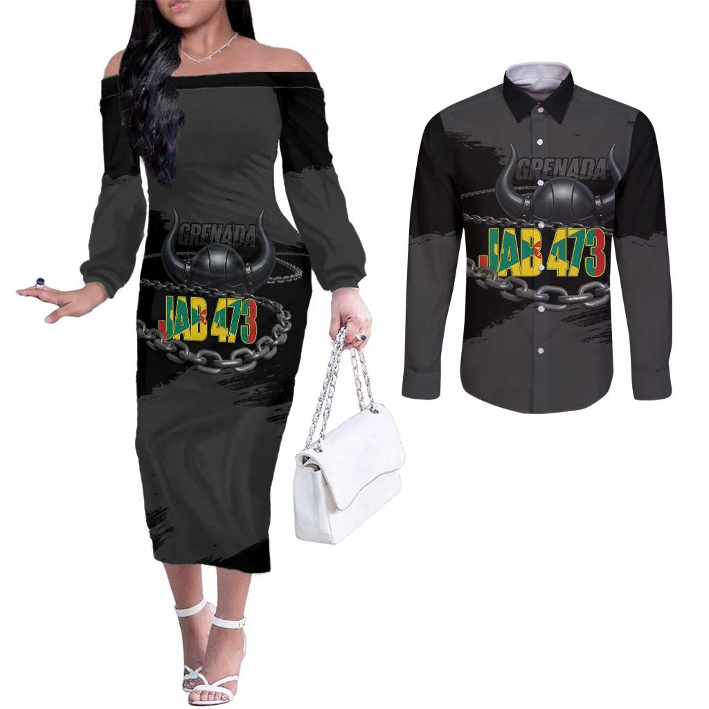 Grenada Jab Jab 473 Couples Matching Off The Shoulder Long Sleeve Dress and Long Sleeve Button Shirt Spicemas Festival Chain Grunge Style - Wonder Print Shop