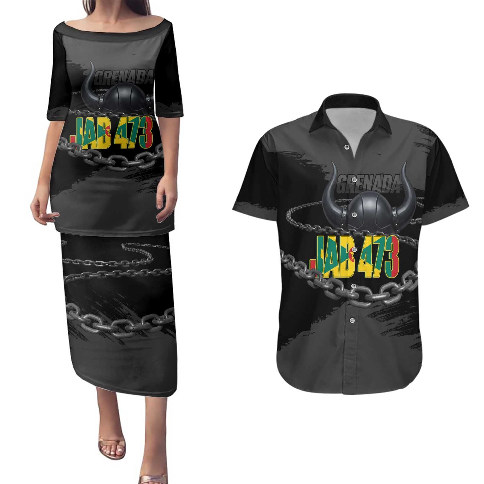 Grenada Jab Jab 473 Couples Matching Puletasi and Hawaiian Shirt Spicemas Festival Chain Grunge Style - Wonder Print Shop