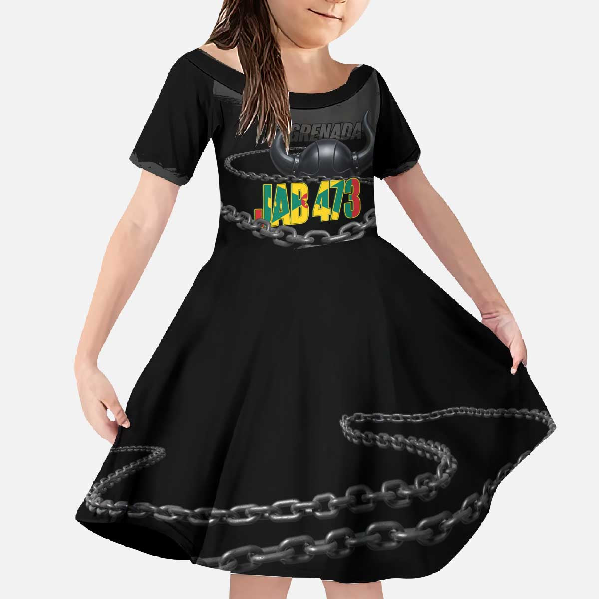 Grenada Jab Jab 473 Family Matching Off The Shoulder Long Sleeve Dress and Hawaiian Shirt Spicemas Festival Chain Grunge Style - Wonder Print Shop