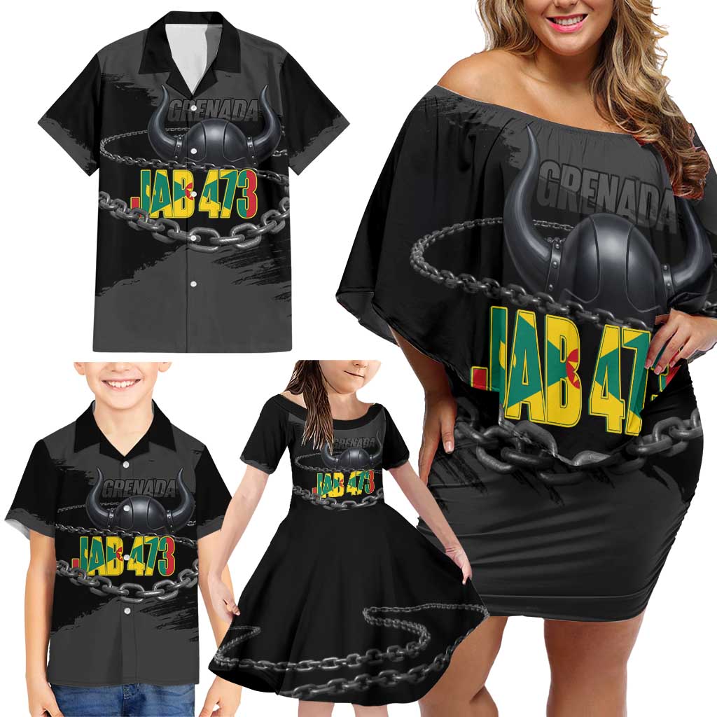 Grenada Jab Jab 473 Family Matching Off Shoulder Short Dress and Hawaiian Shirt Spicemas Festival Chain Grunge Style - Wonder Print Shop