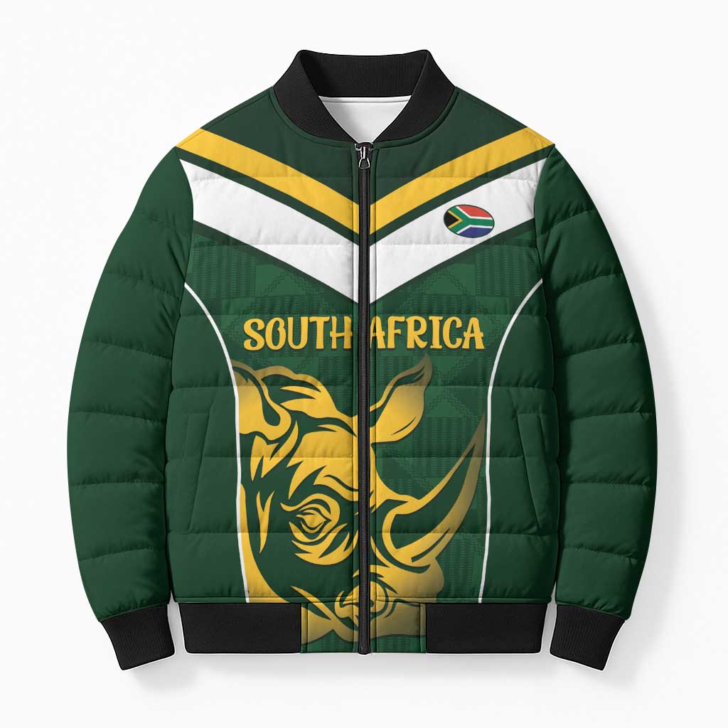 South Africa Rugby Custom Bomber Puffer Jacket Springboks Kente Rhino Symbol - Wonder Print Shop