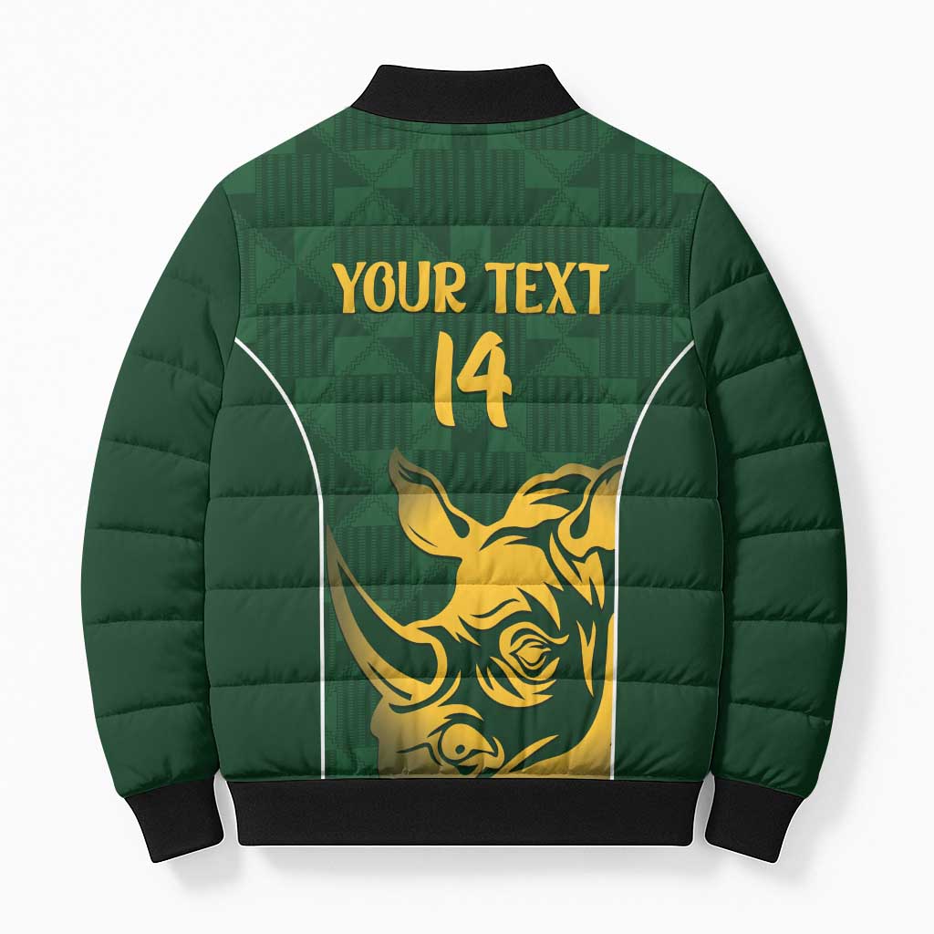 South Africa Rugby Custom Bomber Puffer Jacket Springboks Kente Rhino Symbol - Wonder Print Shop