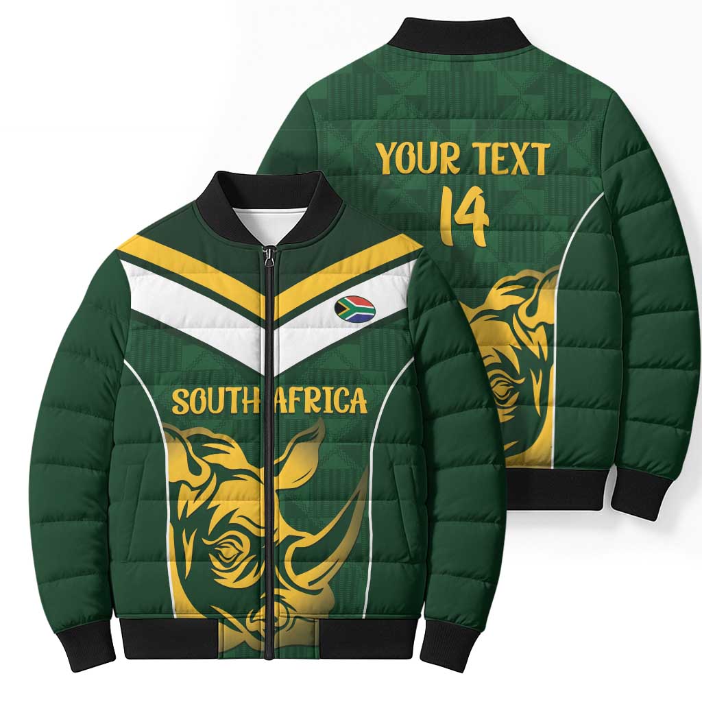 South Africa Rugby Custom Bomber Puffer Jacket Springboks Kente Rhino Symbol - Wonder Print Shop