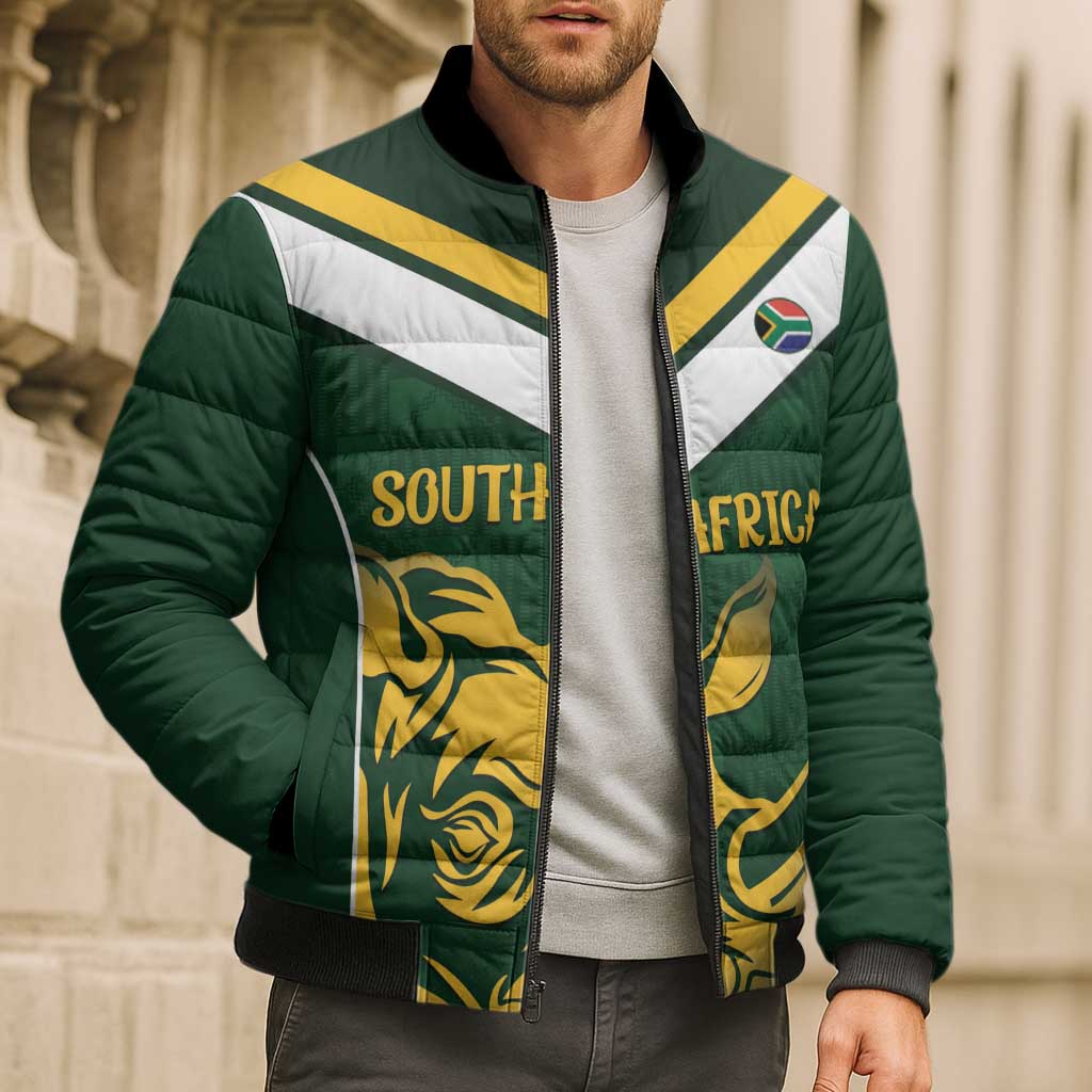 South Africa Rugby Custom Bomber Puffer Jacket Springboks Kente Rhino Symbol - Wonder Print Shop