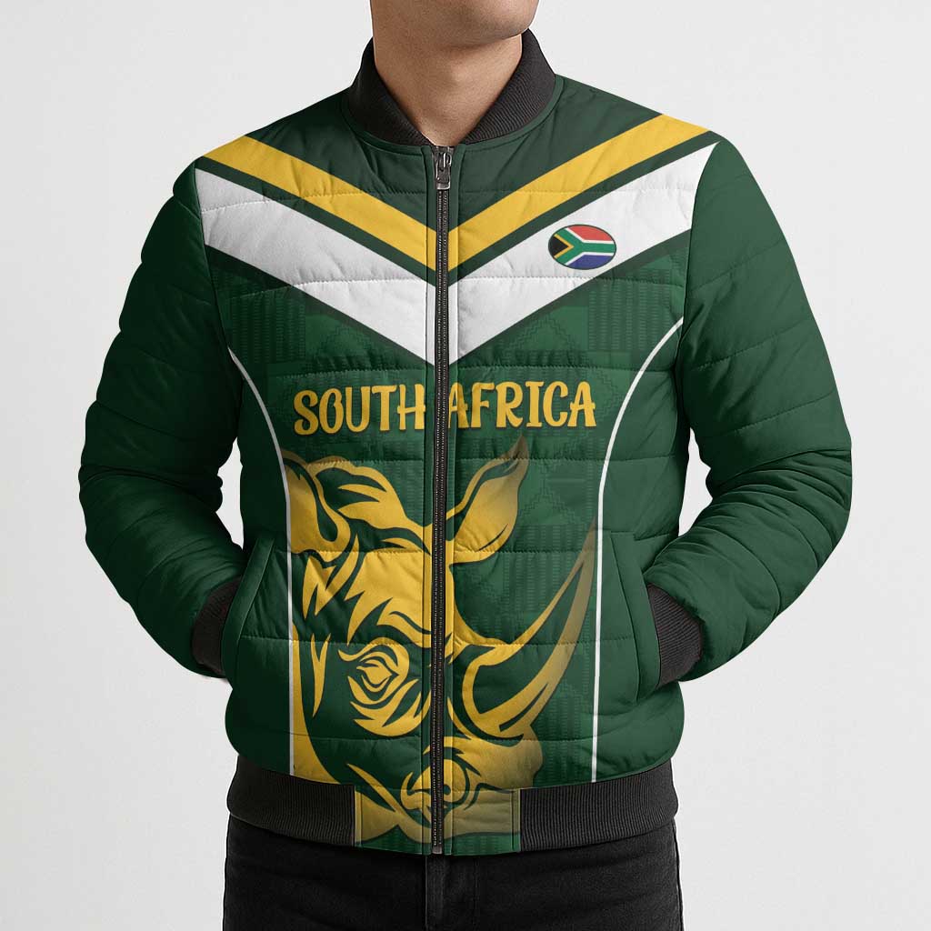 South Africa Rugby Custom Bomber Puffer Jacket Springboks Kente Rhino Symbol - Wonder Print Shop