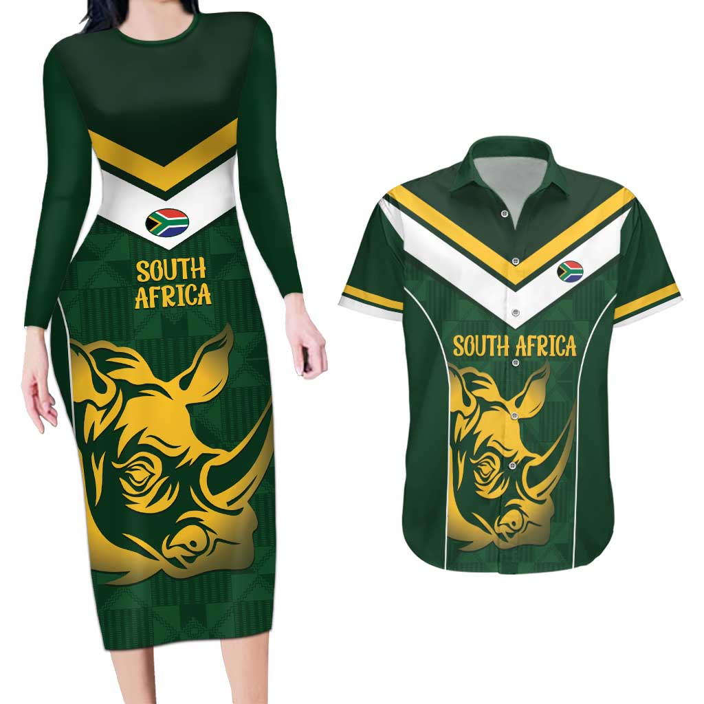 South Africa Rugby Custom Couples Matching Long Sleeve Bodycon Dress and Hawaiian Shirt Springboks Kente Rhino Symbol - Wonder Print Shop