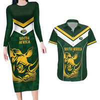 South Africa Rugby Custom Couples Matching Long Sleeve Bodycon Dress and Hawaiian Shirt Springboks Kente Rhino Symbol - Wonder Print Shop