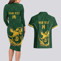 South Africa Rugby Custom Couples Matching Long Sleeve Bodycon Dress and Hawaiian Shirt Springboks Kente Rhino Symbol - Wonder Print Shop