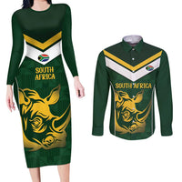 South Africa Rugby Custom Couples Matching Long Sleeve Bodycon Dress and Long Sleeve Button Shirt Springboks Kente Rhino Symbol - Wonder Print Shop