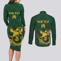 South Africa Rugby Custom Couples Matching Long Sleeve Bodycon Dress and Long Sleeve Button Shirt Springboks Kente Rhino Symbol - Wonder Print Shop