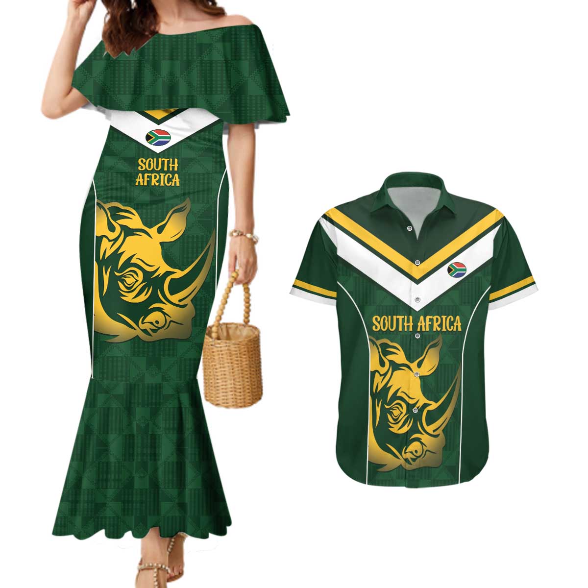 South Africa Rugby Custom Couples Matching Mermaid Dress and Hawaiian Shirt Springboks Kente Rhino Symbol - Wonder Print Shop