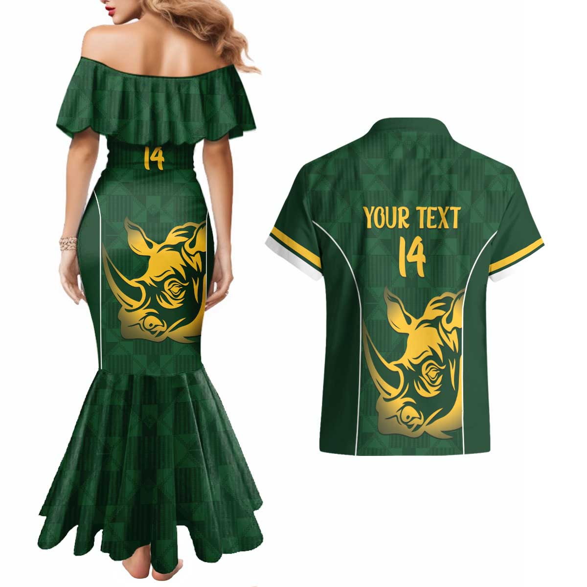 South Africa Rugby Custom Couples Matching Mermaid Dress and Hawaiian Shirt Springboks Kente Rhino Symbol - Wonder Print Shop