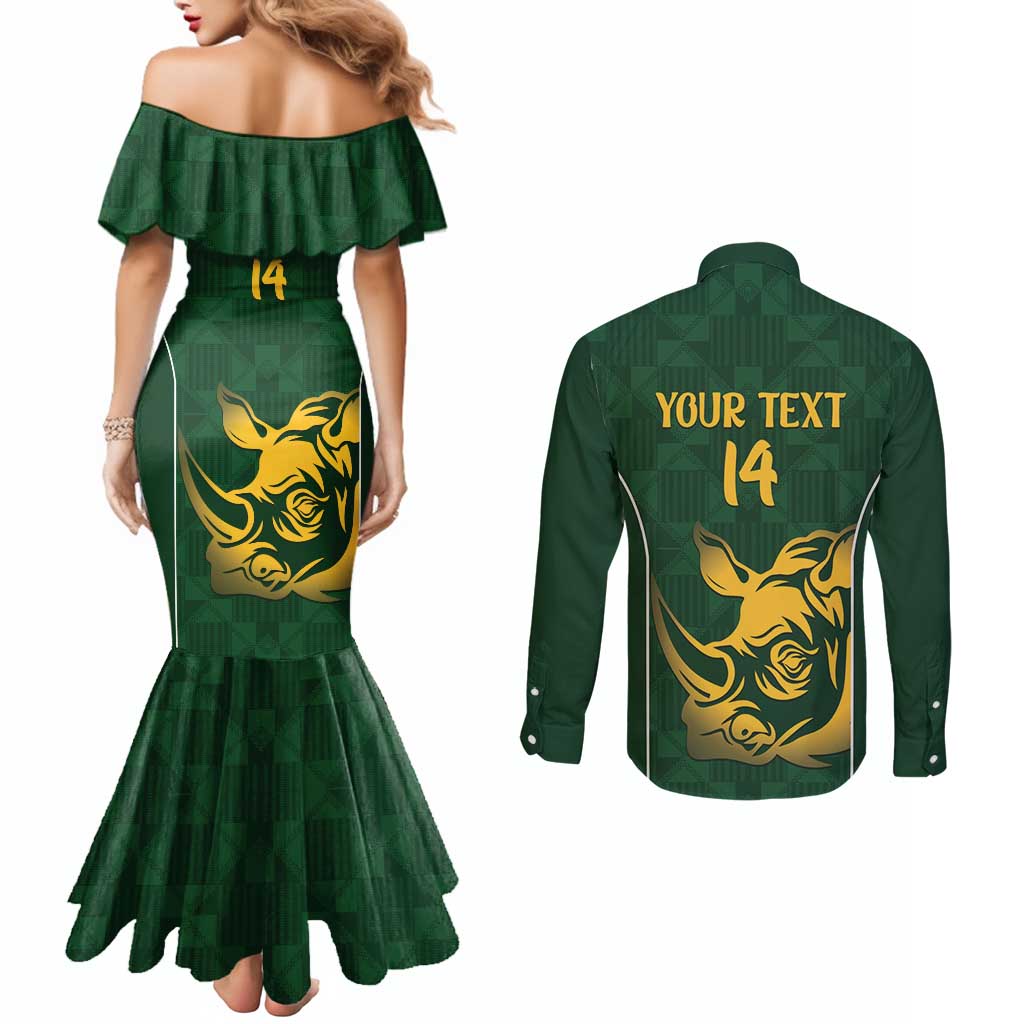 South Africa Rugby Custom Couples Matching Mermaid Dress and Long Sleeve Button Shirt Springboks Kente Rhino Symbol - Wonder Print Shop