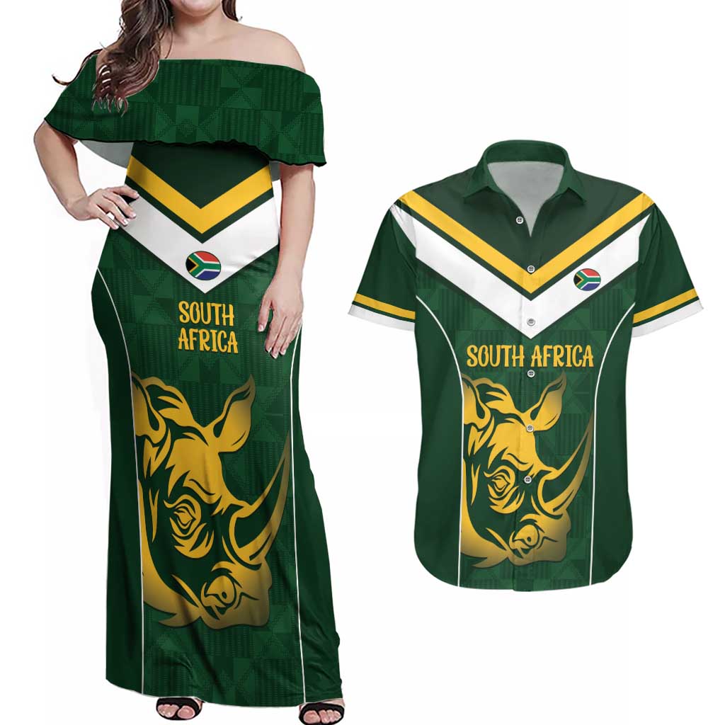 South Africa Rugby Custom Couples Matching Off Shoulder Maxi Dress and Hawaiian Shirt Springboks Kente Rhino Symbol - Wonder Print Shop