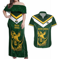 South Africa Rugby Custom Couples Matching Off Shoulder Maxi Dress and Hawaiian Shirt Springboks Kente Rhino Symbol - Wonder Print Shop