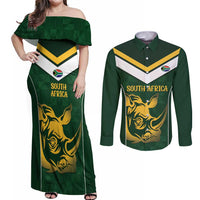 South Africa Rugby Custom Couples Matching Off Shoulder Maxi Dress and Long Sleeve Button Shirt Springboks Kente Rhino Symbol - Wonder Print Shop
