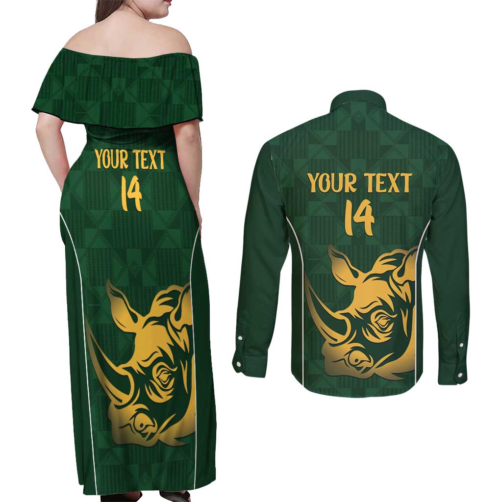 South Africa Rugby Custom Couples Matching Off Shoulder Maxi Dress and Long Sleeve Button Shirt Springboks Kente Rhino Symbol - Wonder Print Shop
