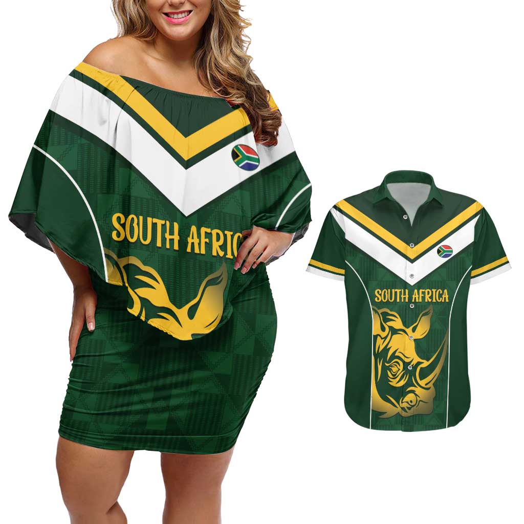 South Africa Rugby Custom Couples Matching Off Shoulder Short Dress and Hawaiian Shirt Springboks Kente Rhino Symbol - Wonder Print Shop