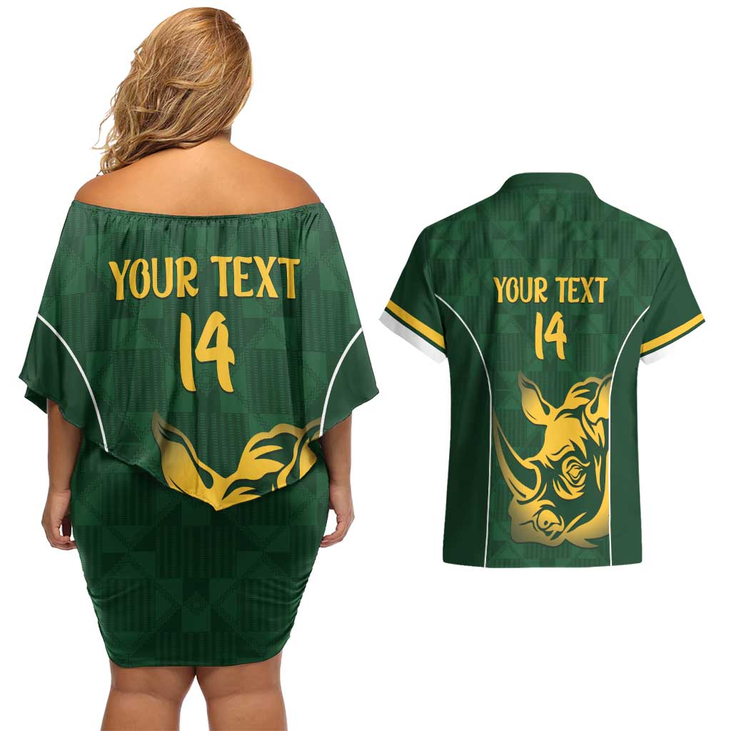 South Africa Rugby Custom Couples Matching Off Shoulder Short Dress and Hawaiian Shirt Springboks Kente Rhino Symbol - Wonder Print Shop