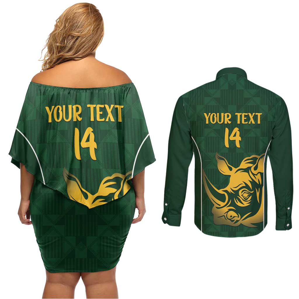 South Africa Rugby Custom Couples Matching Off Shoulder Short Dress and Long Sleeve Button Shirt Springboks Kente Rhino Symbol - Wonder Print Shop