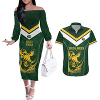 South Africa Rugby Custom Couples Matching Off The Shoulder Long Sleeve Dress and Hawaiian Shirt Springboks Kente Rhino Symbol - Wonder Print Shop